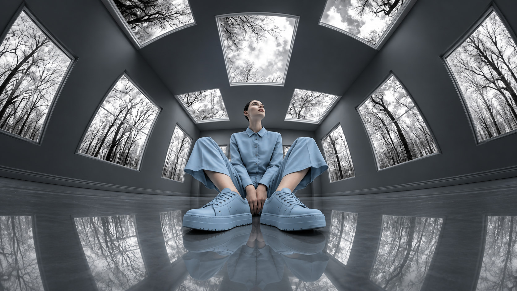 Una donna in azzurro seduta sul pavimento lucido di una stanza grigia, con finestre su alberi spogli tutt'intorno