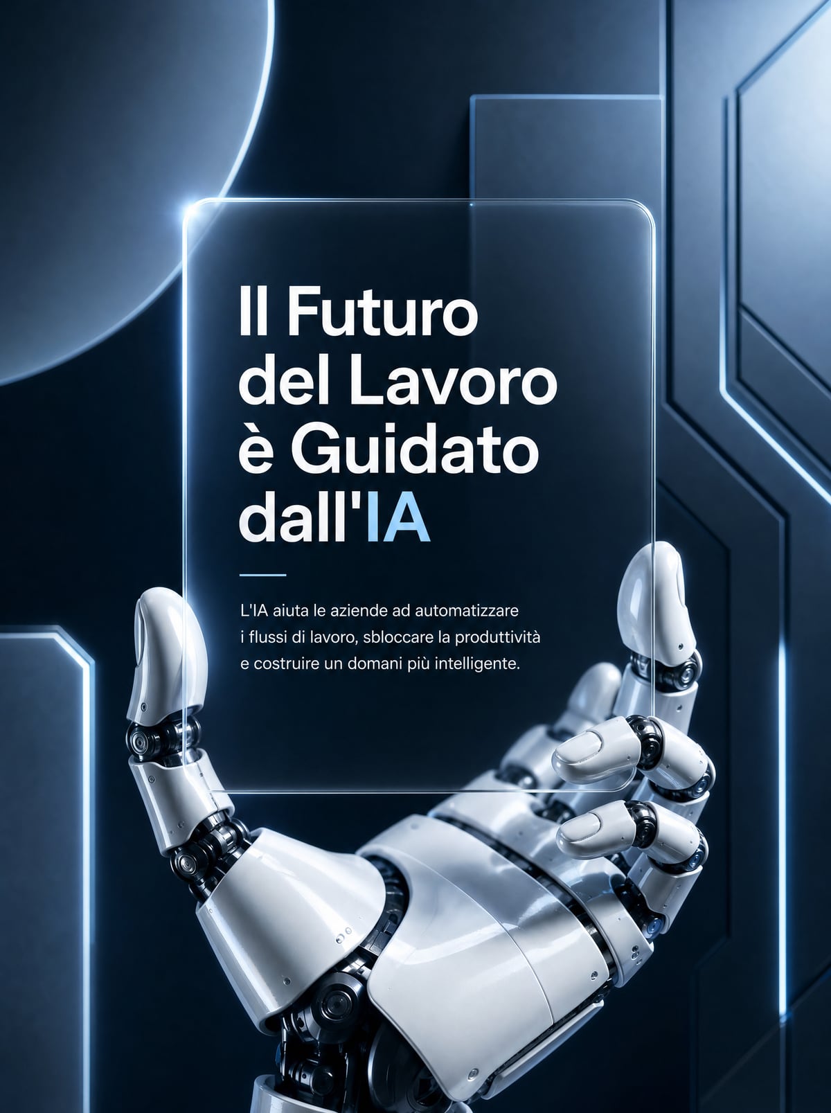 Una mano robotica bianca e argento regge un pannello di vetro con la scritta: Il futuro del lavoro è guidato dall'IA. L'IA aiuta le aziende ad automatizzare i flussi di lavoro, sbloccare la produttività e costruire un domani più intelligente.