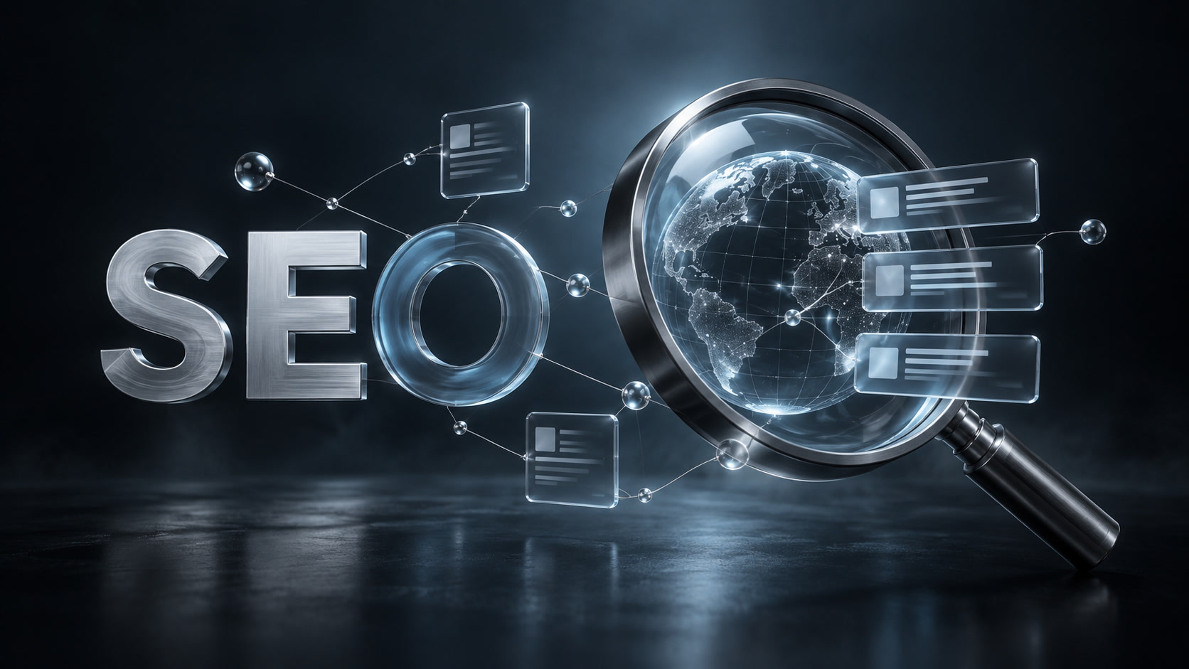 La scritta SEO in metallo accanto a una lente d'ingrandimento su un globo digitale